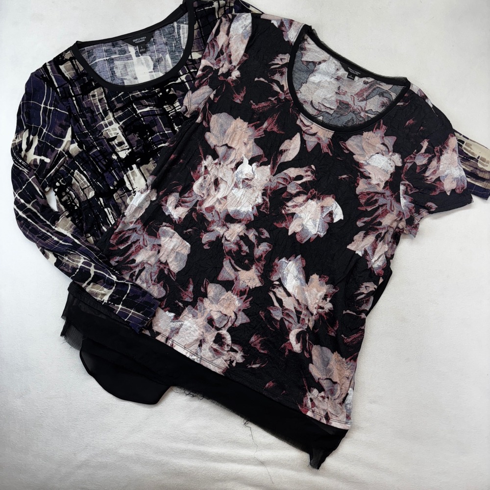Simply Vera Vera Wang Knit Tops Women L Black Floral Abstract Layered Hem Bundle